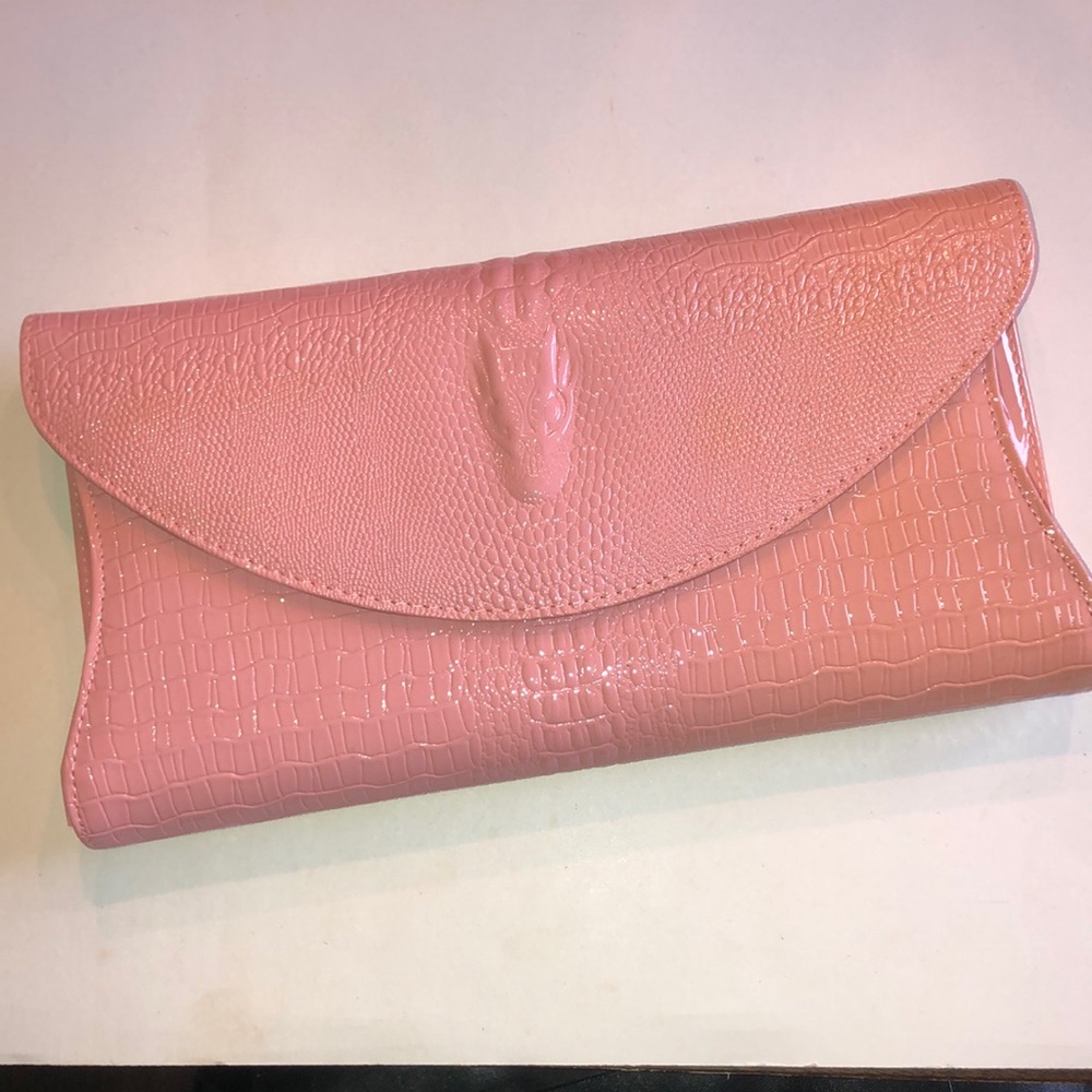 Pink Croc-Embossed Patent Faux Leather Clutch Crossbody Purse